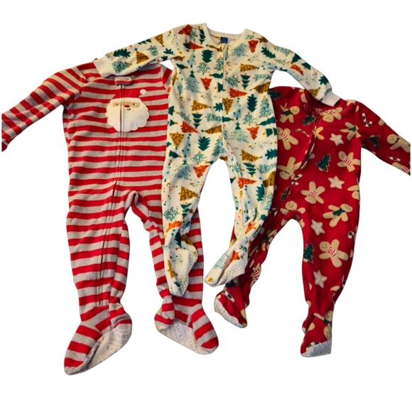 3p Christmas Footed Full Zip Fleece Pajamas Santa Tree Gingerbread Man Size 2T - Picture 1 of 13